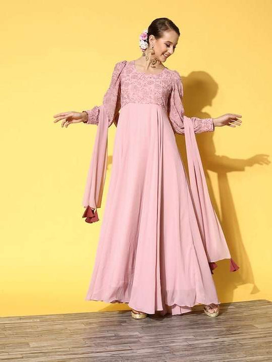 Women Pink Floral Embroidered Thread Work Georgette Anarkali Kurta With Dupatta - Inddus.com