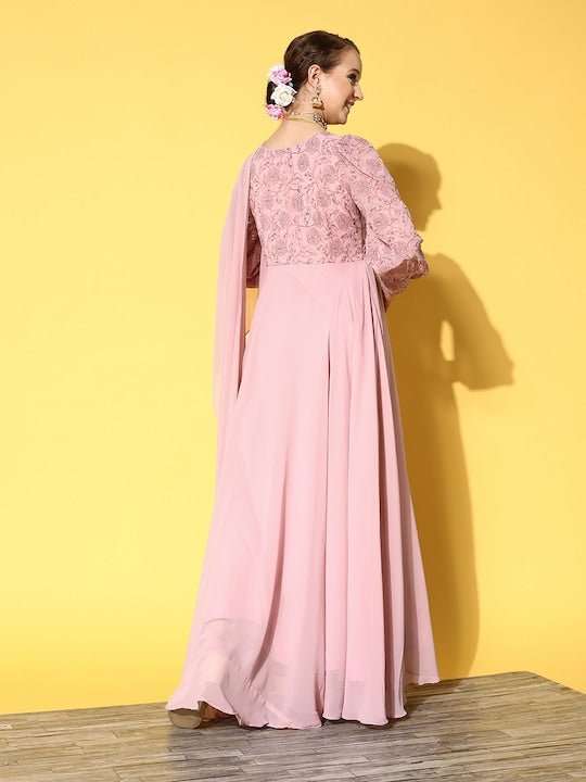 Women Pink Floral Embroidered Thread Work Georgette Anarkali Kurta With Dupatta - Inddus.com