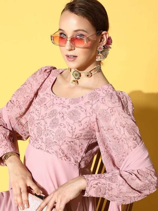 Women Pink Floral Embroidered Thread Work Georgette Anarkali Kurta With Dupatta - Inddus.com