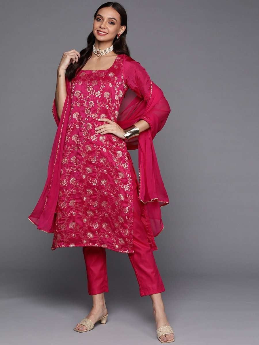 Women Pink Floral Kurta with Trousers & With Dupatta - Inddus.com