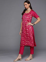 Women Pink Floral Kurta with Trousers & With Dupatta - Inddus.com