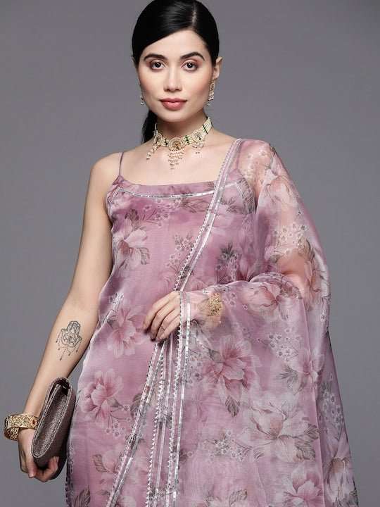 Women Pink Floral Printed Kurta with Trousers & With Dupatta - Inddus.com