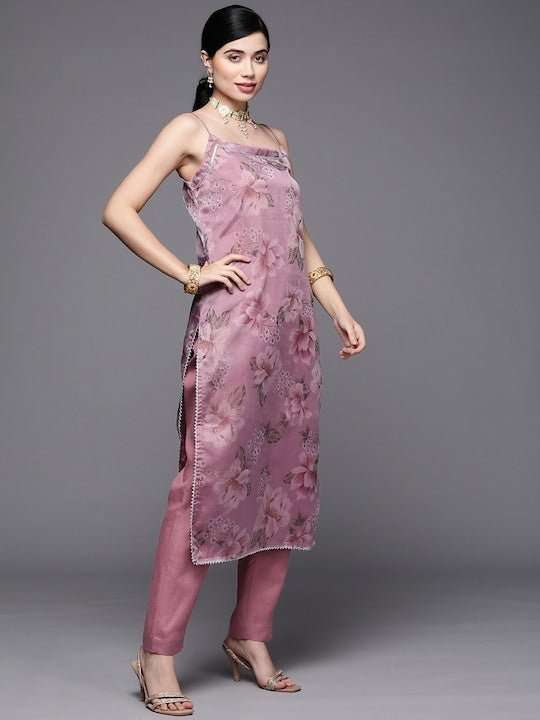 Women Pink Floral Printed Kurta with Trousers & With Dupatta - Inddus.com
