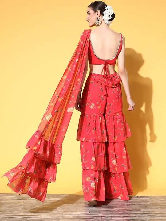 Women Pink Floral Printed Sharara Drape Ruffle Saree with Blouse Piece - Inddus.com