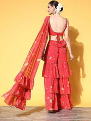 Women Pink Floral Printed Sharara Drape Ruffle Saree with Blouse Piece - Inddus.com