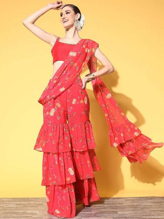 Women Pink Floral Printed Sharara Drape Ruffle Saree with Blouse Piece - Inddus.com