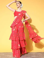 Women Pink Floral Printed Sharara Drape Ruffle Saree with Blouse Piece - Inddus.com