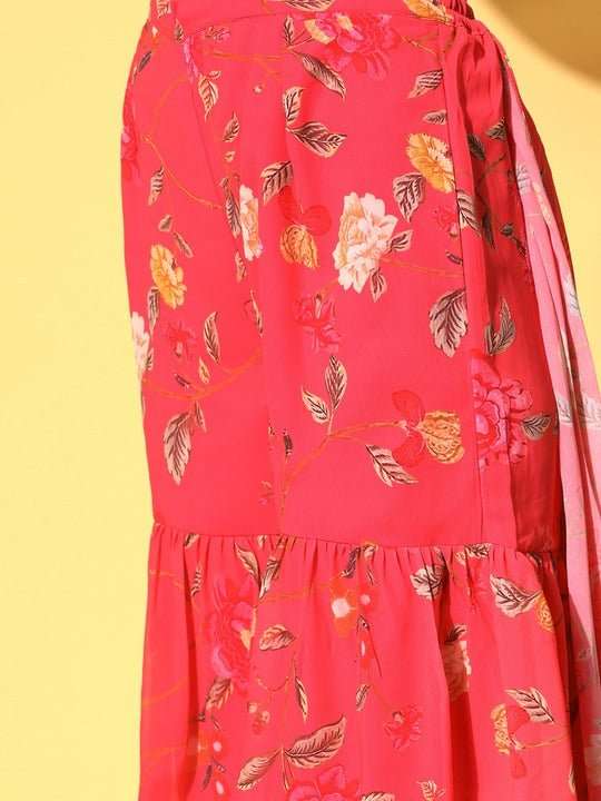 Women Pink Floral Printed Sharara Drape Ruffle Saree with Blouse Piece - Inddus.com