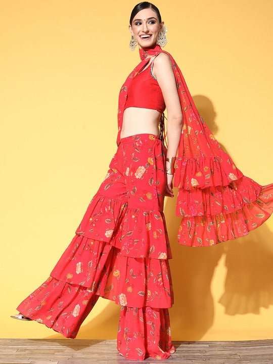 Women Pink Floral Printed Sharara Drape Ruffle Saree with Blouse Piece - Inddus.com