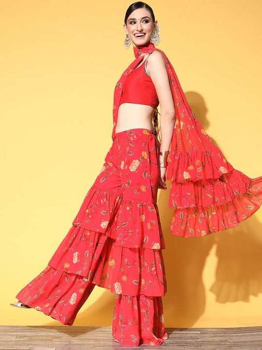Women Pink Floral Printed Sharara Drape Ruffle Saree with Blouse Piece - Inddus.com