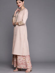 Women Pink Floral Striped Yoke Embroidered with Palazzos & With Dupatta - Inddus.com