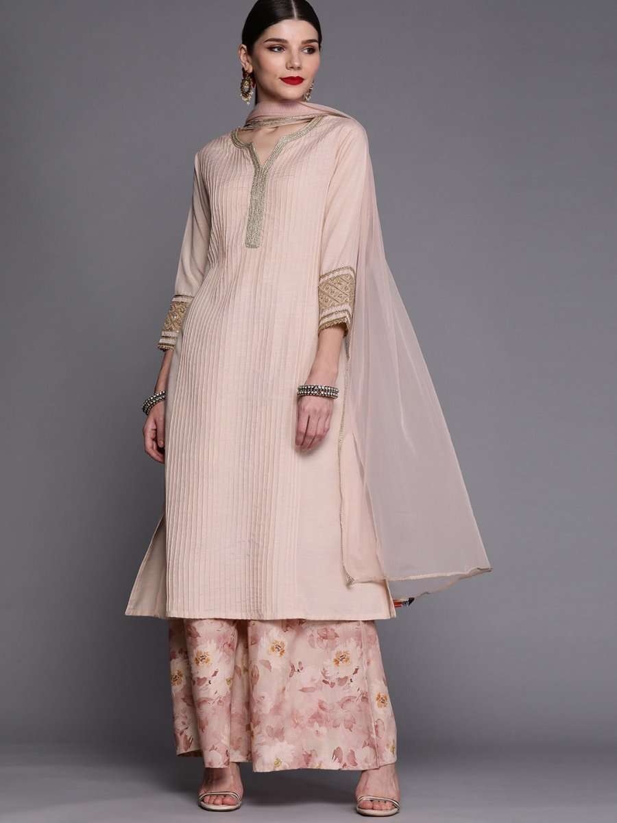 Women Pink Floral Striped Yoke Embroidered with Palazzos & With Dupatta - Inddus.com