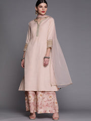 Women Pink Floral Striped Yoke Embroidered with Palazzos & With Dupatta - Inddus.com