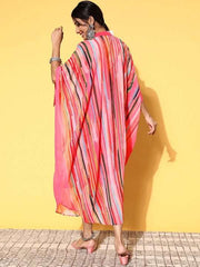 Women Pink Georgette Vacation Stripes Ethnic Dress - Inddus.com