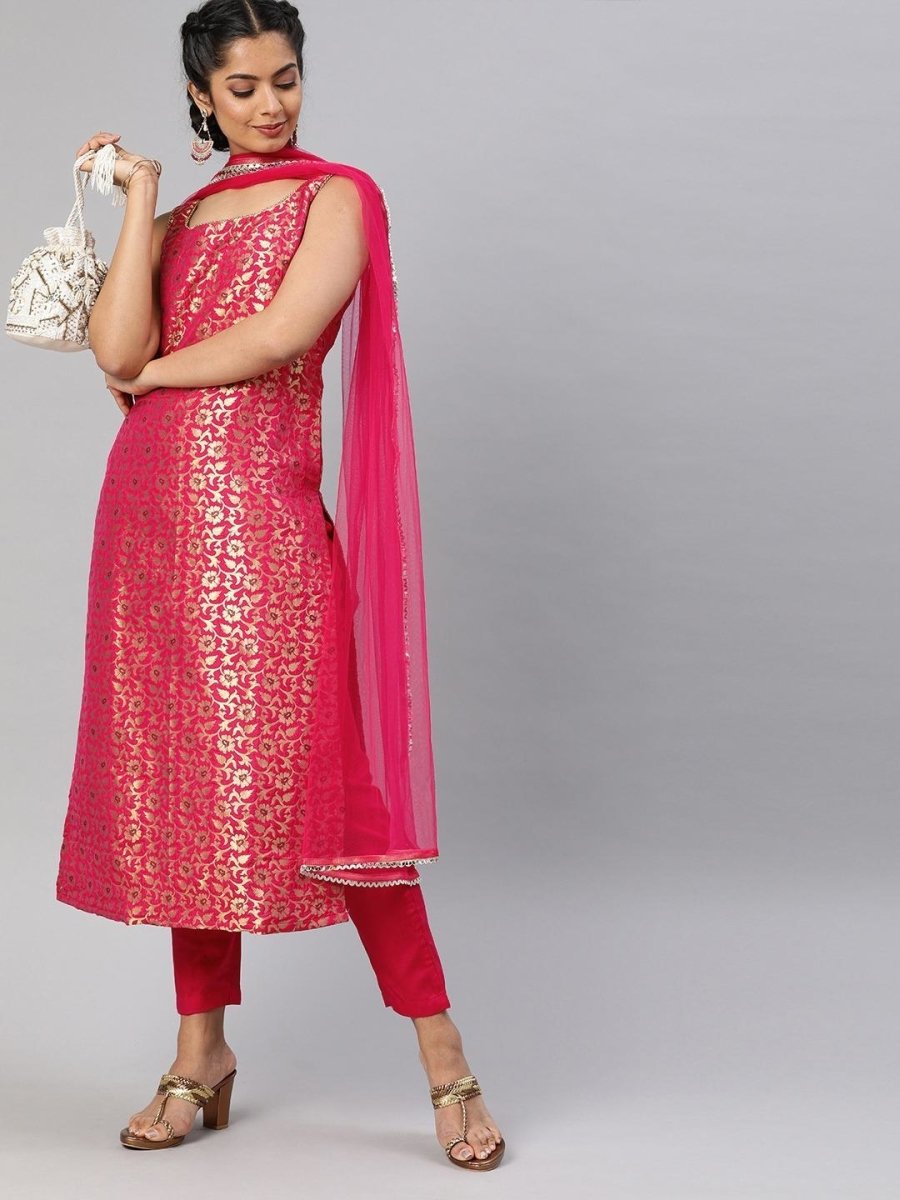 Women Pink & Gold-Toned Woven Straight Cut Suit - Inddus.com