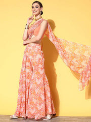 Women Pink Orange Floral Printed Sharara Drape Ruffle Saree with Blouse Piece - Inddus.com