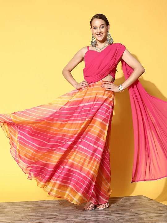 Women Pink & Orange Printed Top & Skirt - Inddus.com