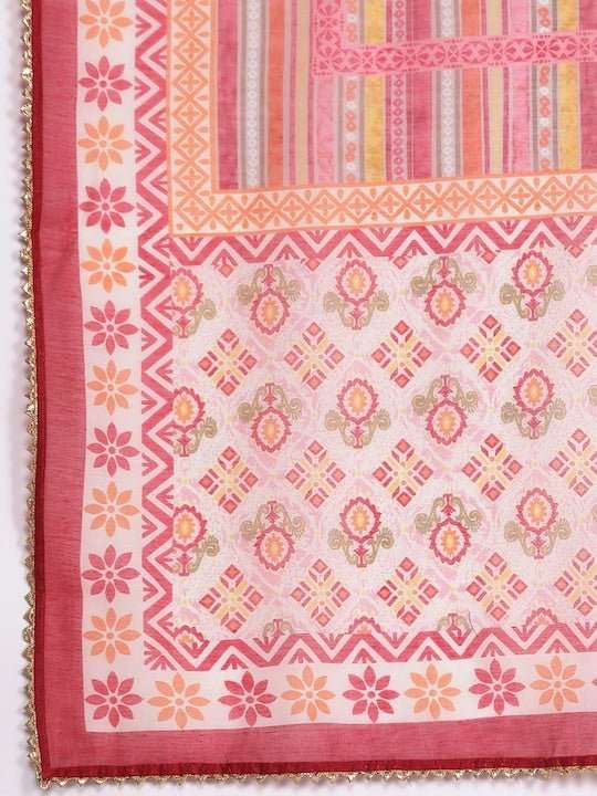 Women Pink Printed Gotta Patti Chanderi Cotton Kurta with Trousers & With Dupatta - Inddus.com