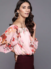 Women Pink & Red Floral Printed Bardot Top