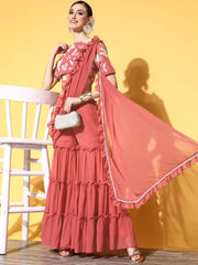 Women Pink Sharara Drape Ruffle Saree with Embroidered Blouse Piece - Inddus.com