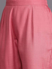 Women Pink & White Embroidered High Slit Thread Work Kurta with Trousers - Inddus.com