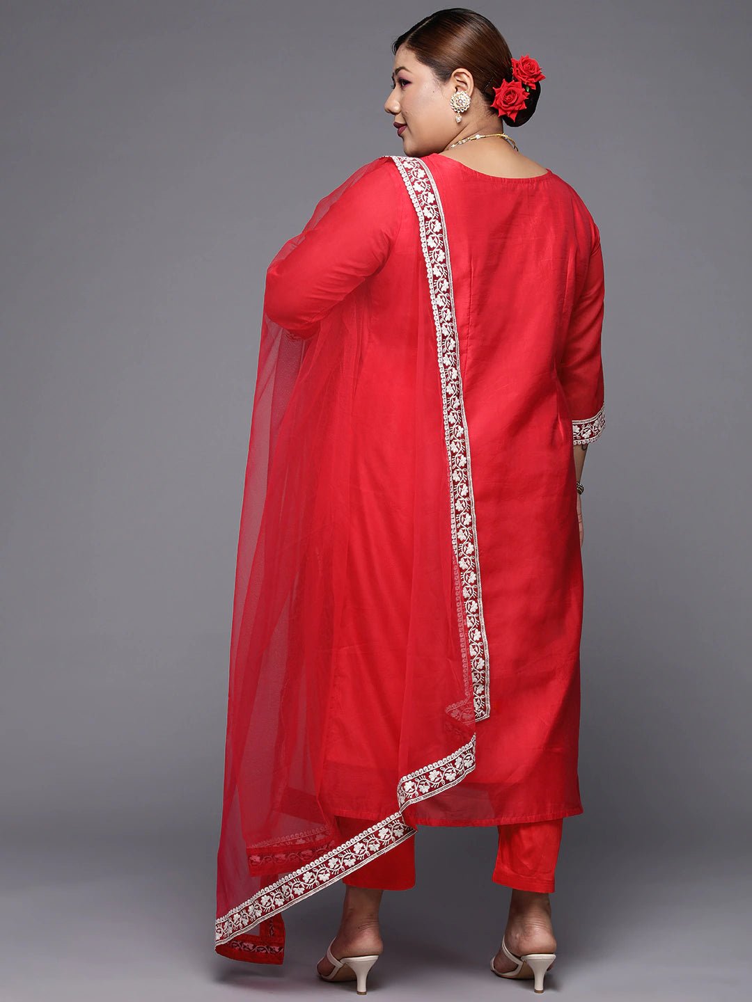 Women Pink & White Ethnic Motifs Embroidered Kurta with Trousers & Dupatta - Inddus.com