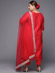 Women Pink & White Ethnic Motifs Embroidered Kurta with Trousers & Dupatta - Inddus.com