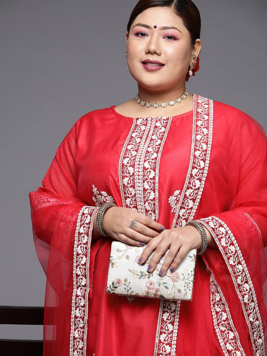 Women Pink & White Ethnic Motifs Embroidered Kurta with Trousers & Dupatta - Inddus.com