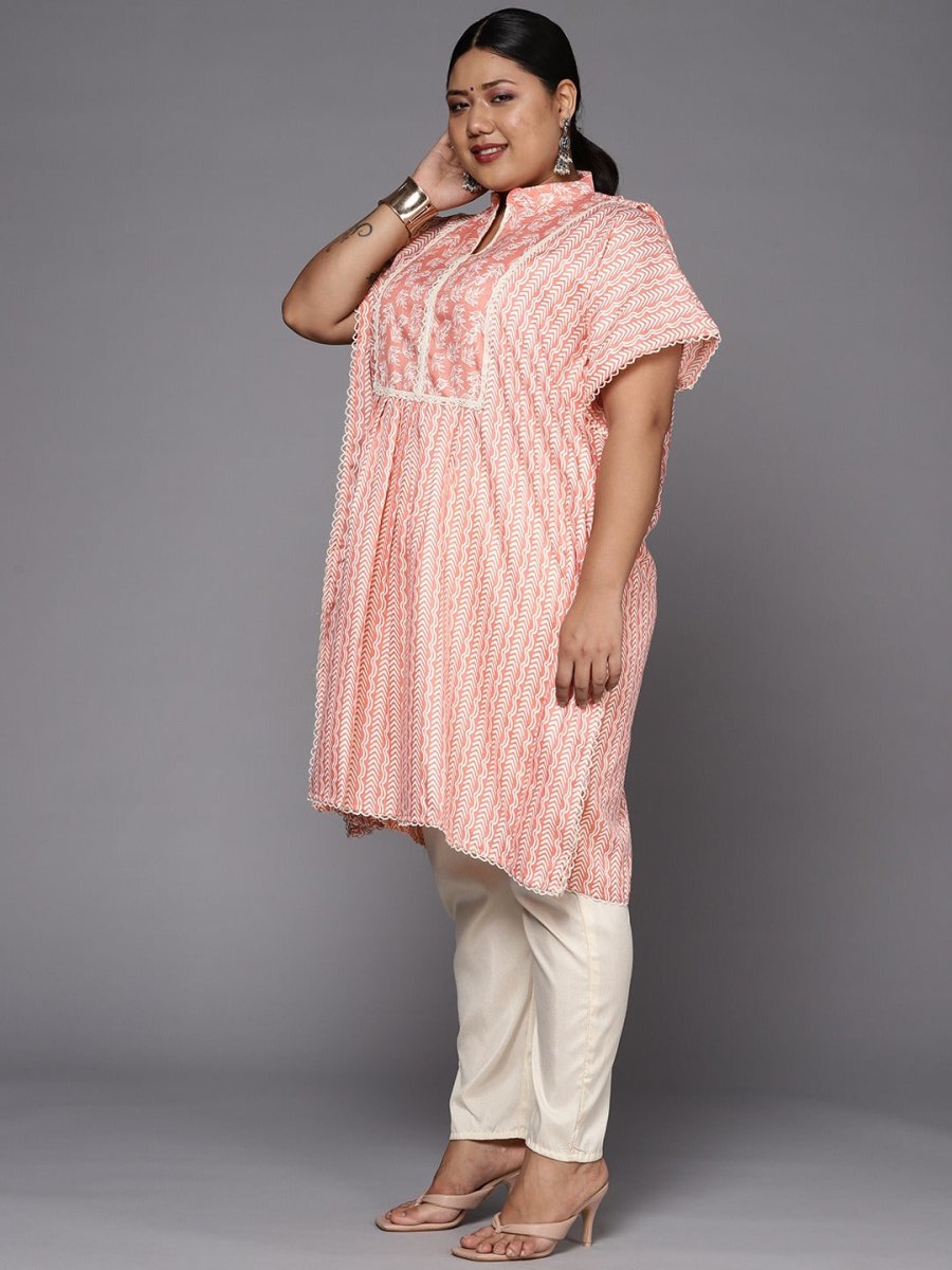 Women Pink & White Striped Gotta Patti Kaftan Kurta - Inddus.com