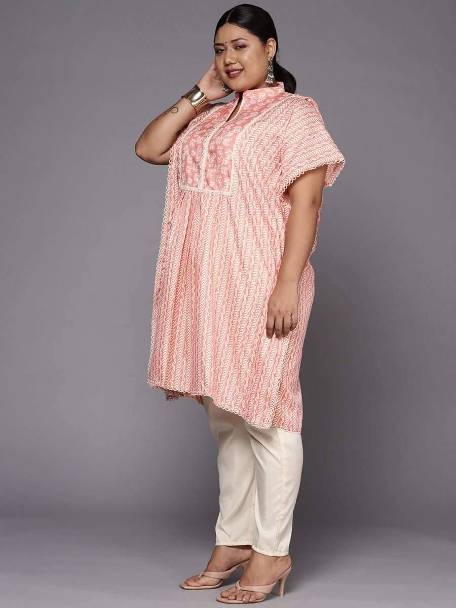 Women Pink & White Striped Gotta Patti Kaftan Kurta - Inddus.com