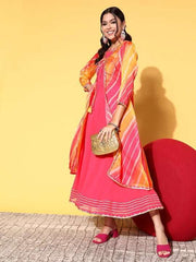 Women Pink Yellow Anarkali Kurta with Digital Print Tie up Jacket - Inddus.com
