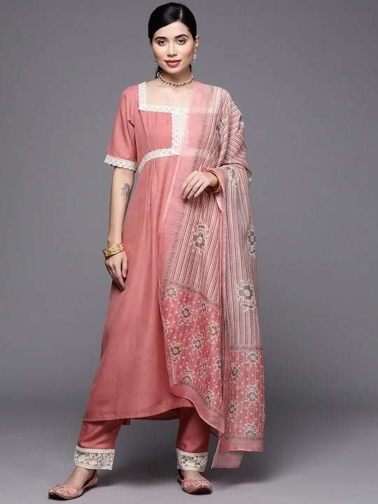 Women Pink Yoke Design Thread Work Kurta with Trousers & With Dupatta - Inddus.com