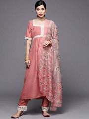 Women Pink Yoke Design Thread Work Kurta with Trousers & With Dupatta - Inddus.com