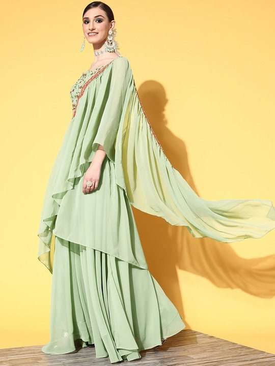 Women Pista Green Lehenga Drape Ruffle Saree with Floral Embroidered Blouse Piece - Inddus.com