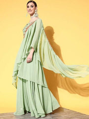 Women Pista Green Lehenga Drape Ruffle Saree with Floral Embroidered Blouse Piece - Inddus.com