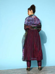 Women Pleated Chanderi Cotton Kurta with Trousers & With Dupatta - Inddus.com