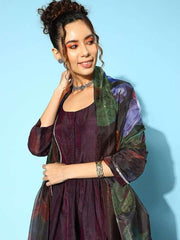Women Pleated Chanderi Cotton Kurta with Trousers & With Dupatta - Inddus.com
