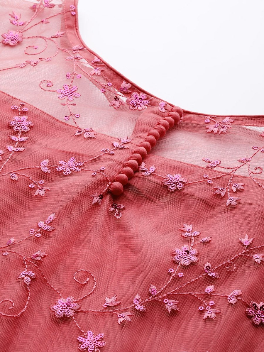 Women Plus Size Coral Pink Floral Sequinned Kurta with Palazzos & Dupatta - Inddus.com