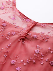 Women Plus Size Coral Pink Floral Sequinned Kurta with Palazzos & Dupatta - Inddus.com