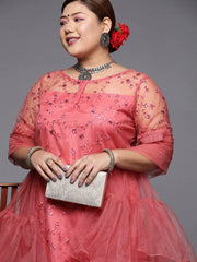 Women Plus Size Coral Pink Floral Sequinned Kurta with Palazzos & Dupatta - Inddus.com