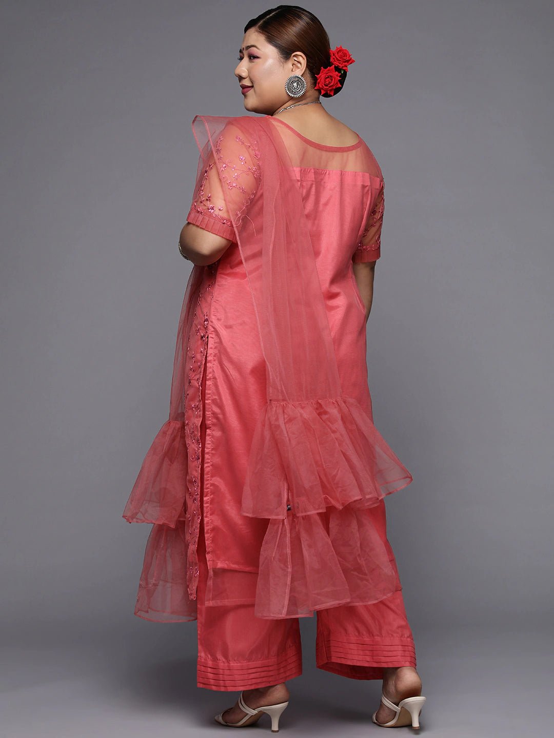 Women Plus Size Coral Pink Floral Sequinned Kurta with Palazzos & Dupatta - Inddus.com