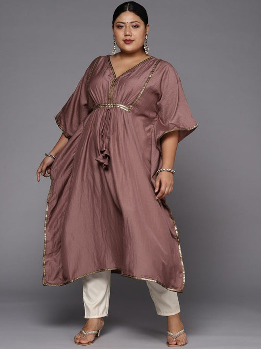 Women Plus Size Mauve Extended Sleeves Gotta Patti Kaftan Kurta - Inddus.com