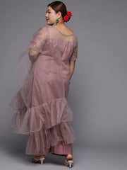 Women Plus Size Mauve Floral Sequinned Kurta with Palazzos & Dupatta - Inddus.com
