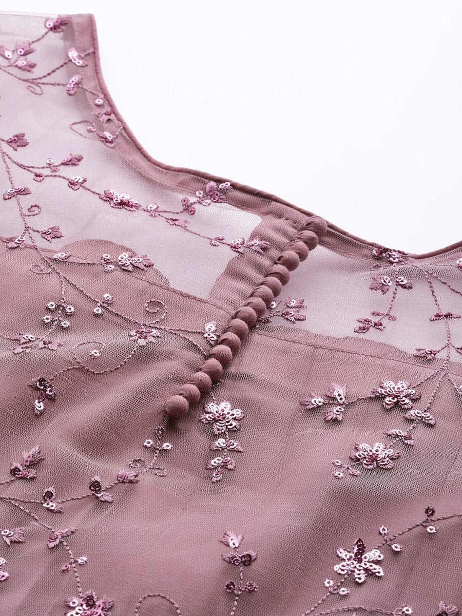 Women Plus Size Mauve Floral Sequinned Kurta with Palazzos & Dupatta - Inddus.com