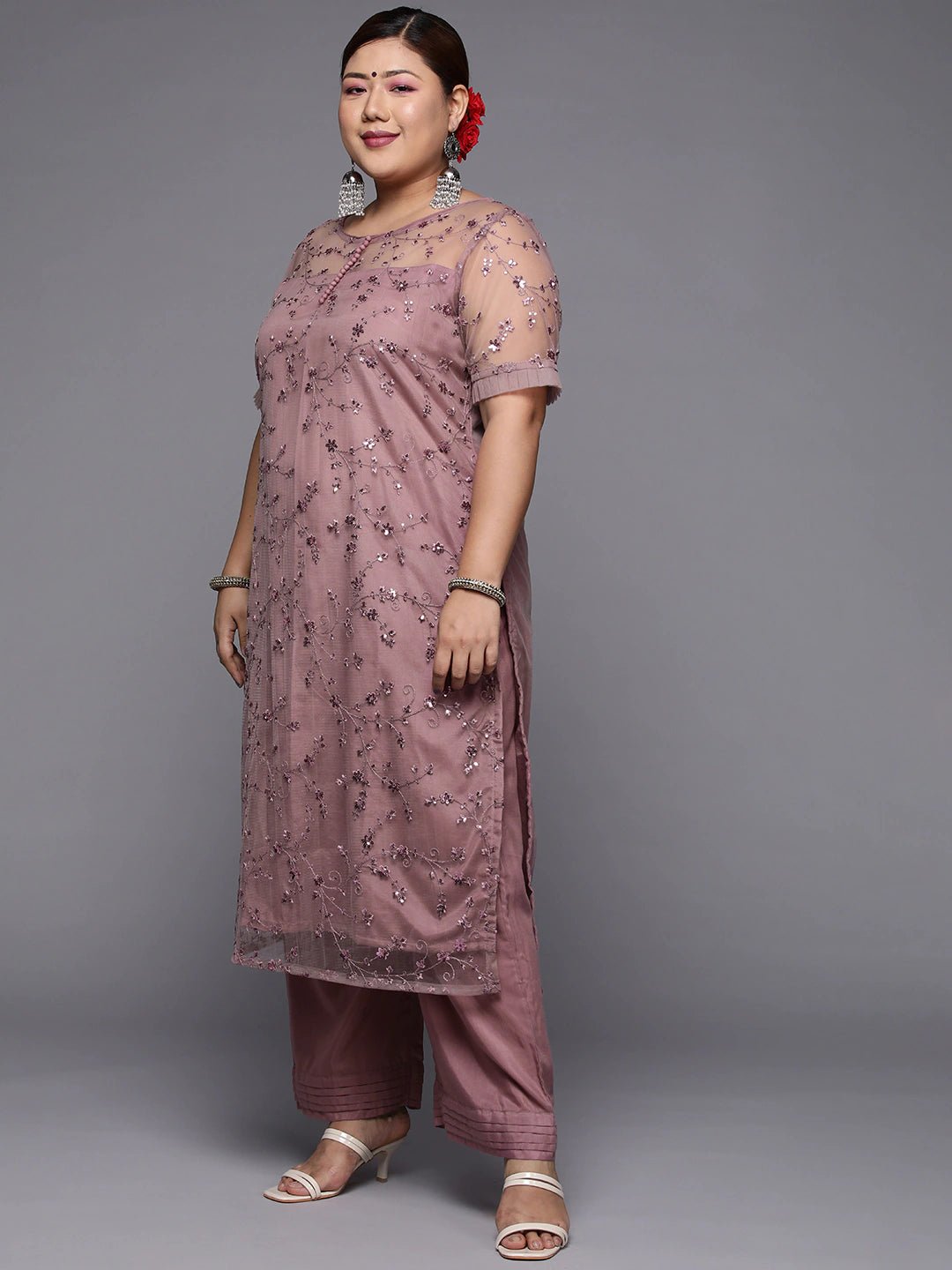 Women Plus Size Mauve Floral Sequinned Kurta with Palazzos & Dupatta - Inddus.com