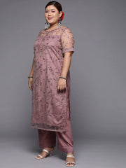 Women Plus Size Mauve Floral Sequinned Kurta with Palazzos & Dupatta - Inddus.com