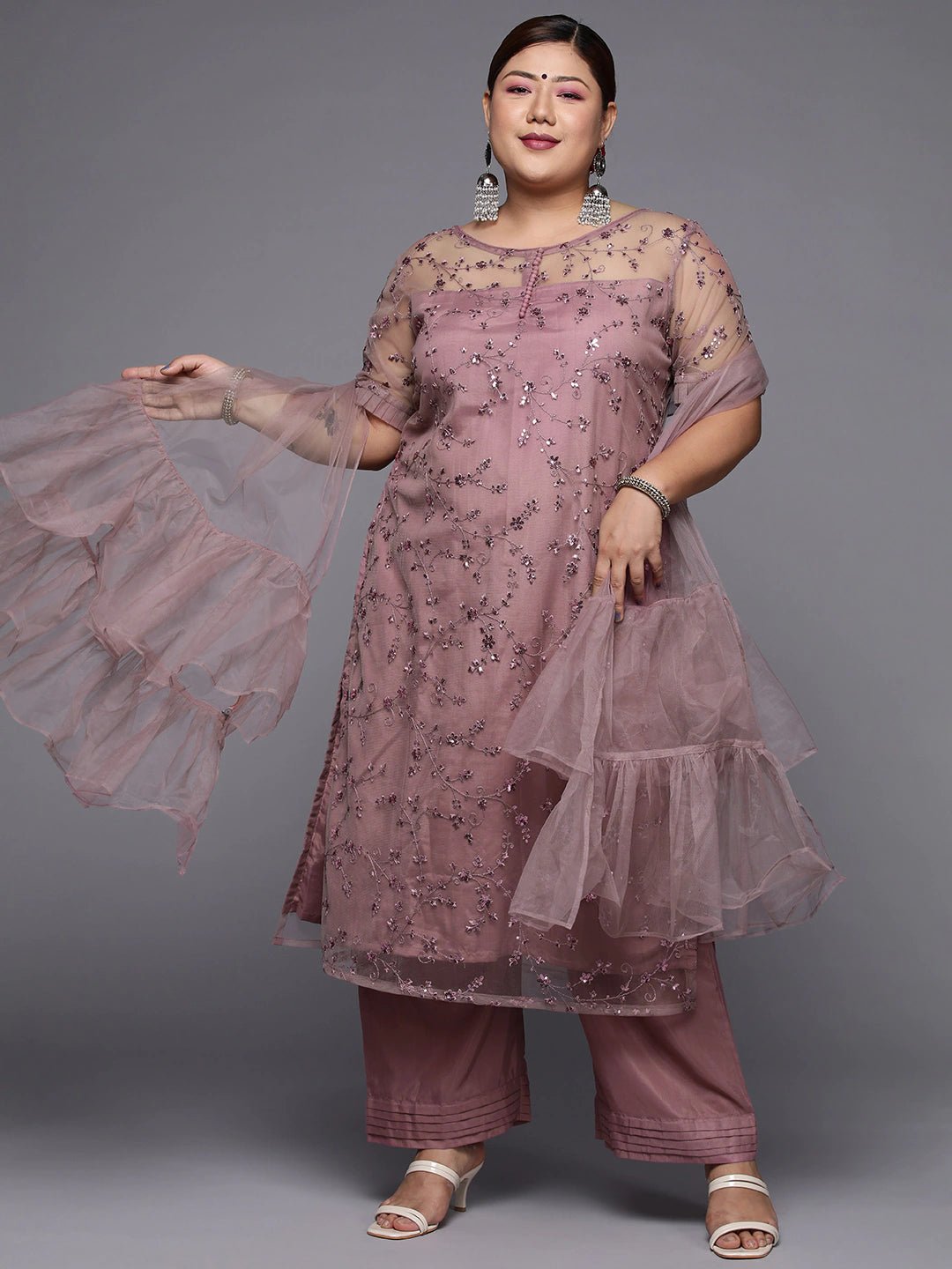 Women Plus Size Mauve Floral Sequinned Kurta with Palazzos & Dupatta - Inddus.com