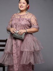 Women Plus Size Mauve Floral Sequinned Kurta with Palazzos & Dupatta - Inddus.com