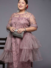 Women Plus Size Mauve Floral Sequinned Kurta with Palazzos & Dupatta - Inddus.com