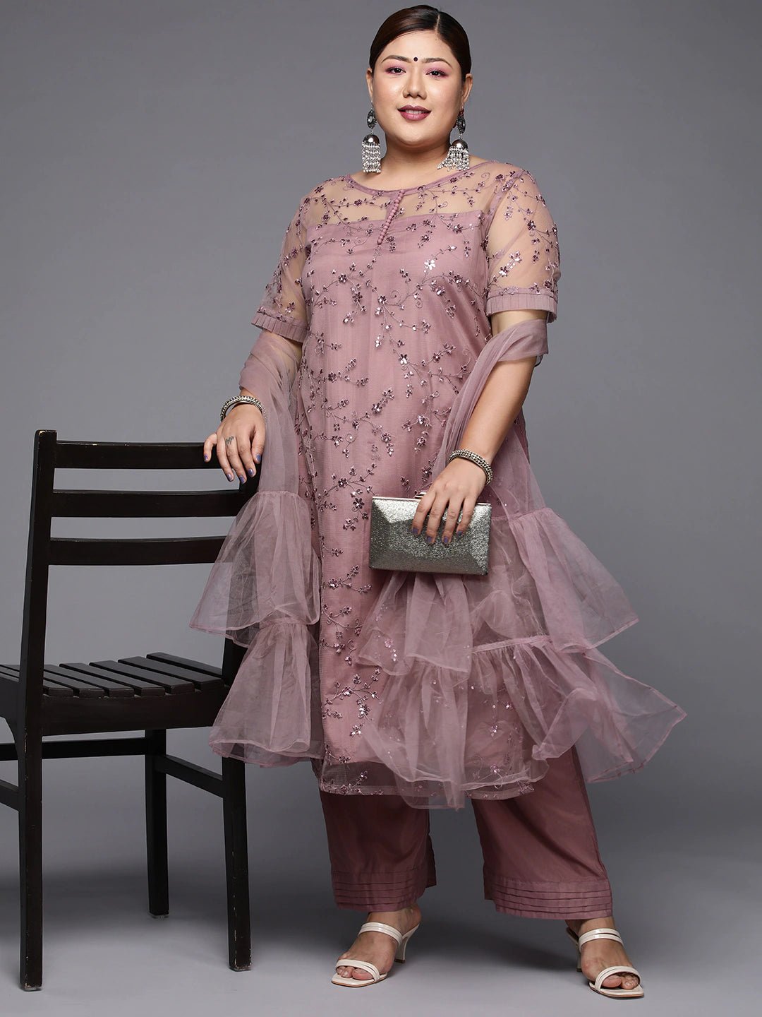 Women Plus Size Mauve Floral Sequinned Kurta with Palazzos & Dupatta - Inddus.com